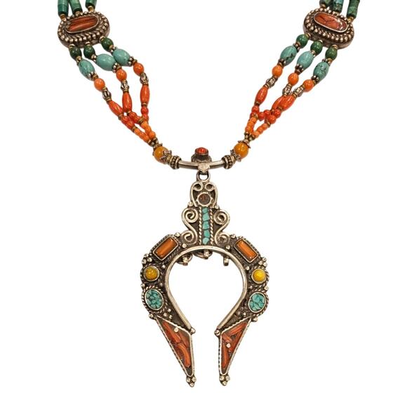 Tibetan Ornate Turquoise and Coral Necklace - Picture 1 of 5